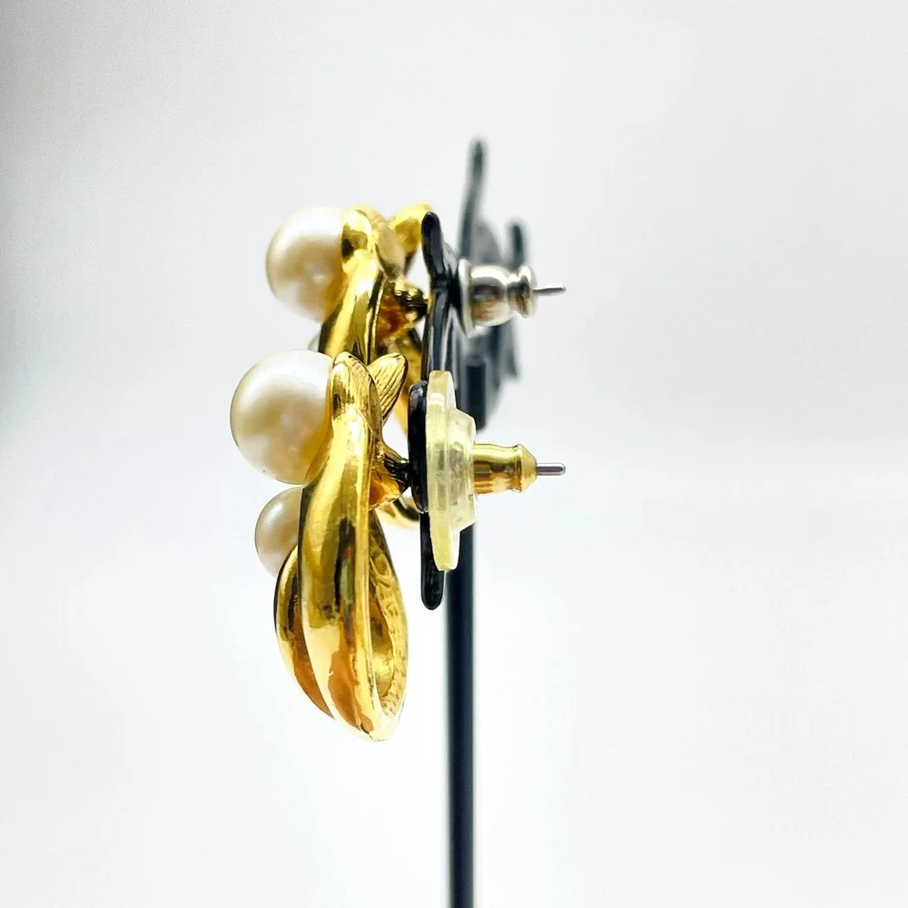 Vintage Avon Faux Pearl Gold Tone Swirl Pierced Earrings Statement Signed